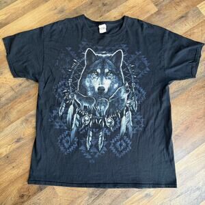 Vintage Fruit of the Loom Wolf Dreamcatcher T Shirt Men's XL Black Graphic Tee